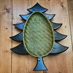 Vintage Pier 1 Christmas Tree Woven Bamboo Tray Basket Wood Holiday Decor 16"